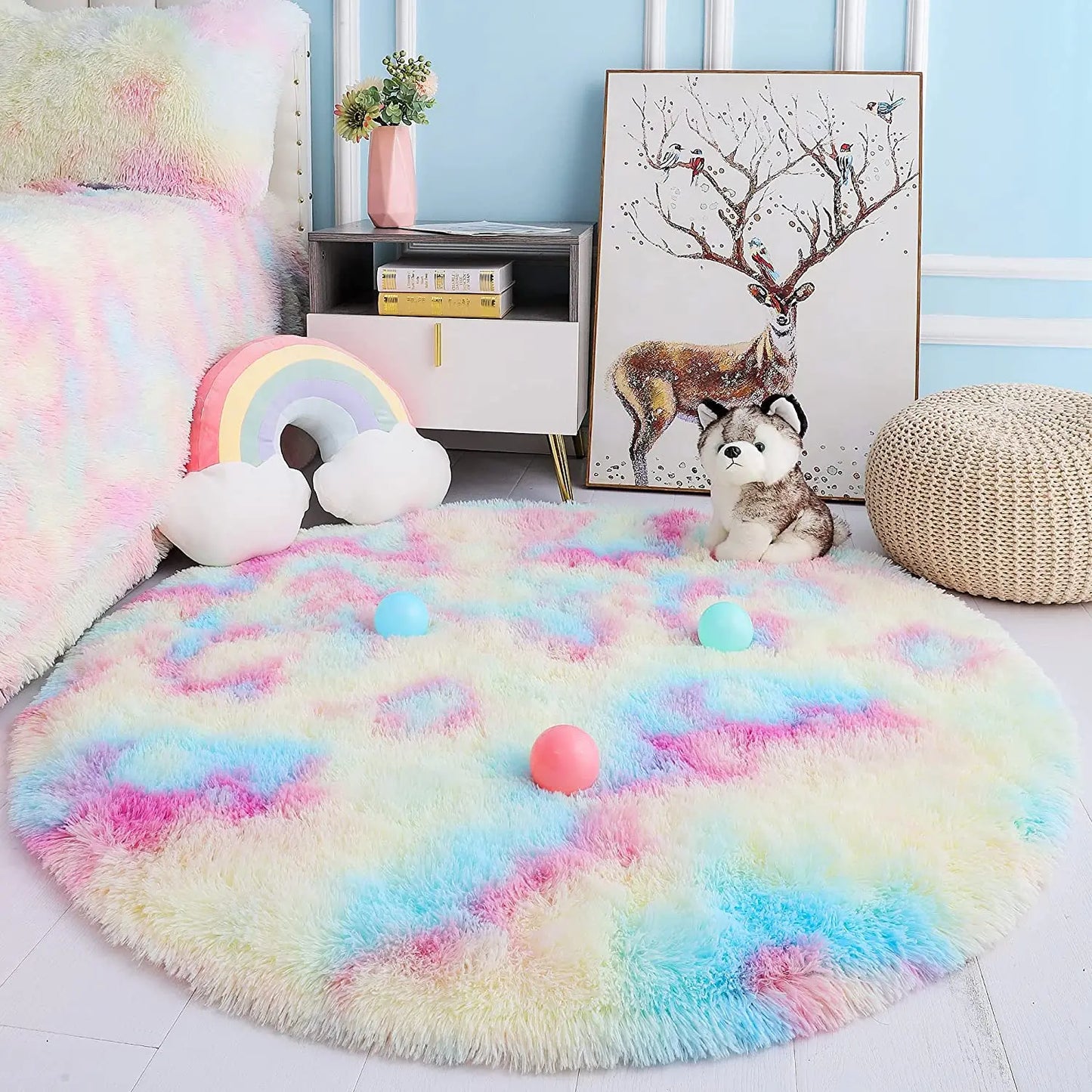 Noahas Round Rainbow Rug For Girls Kids Bedroom