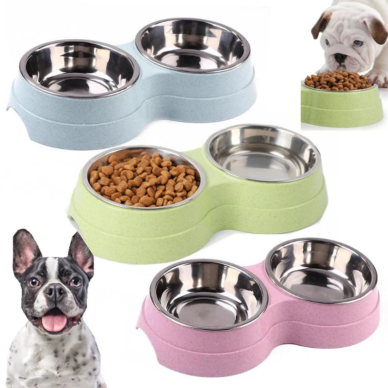 Double Pet Bowls Dog Food Water Feeder Stainless Steel