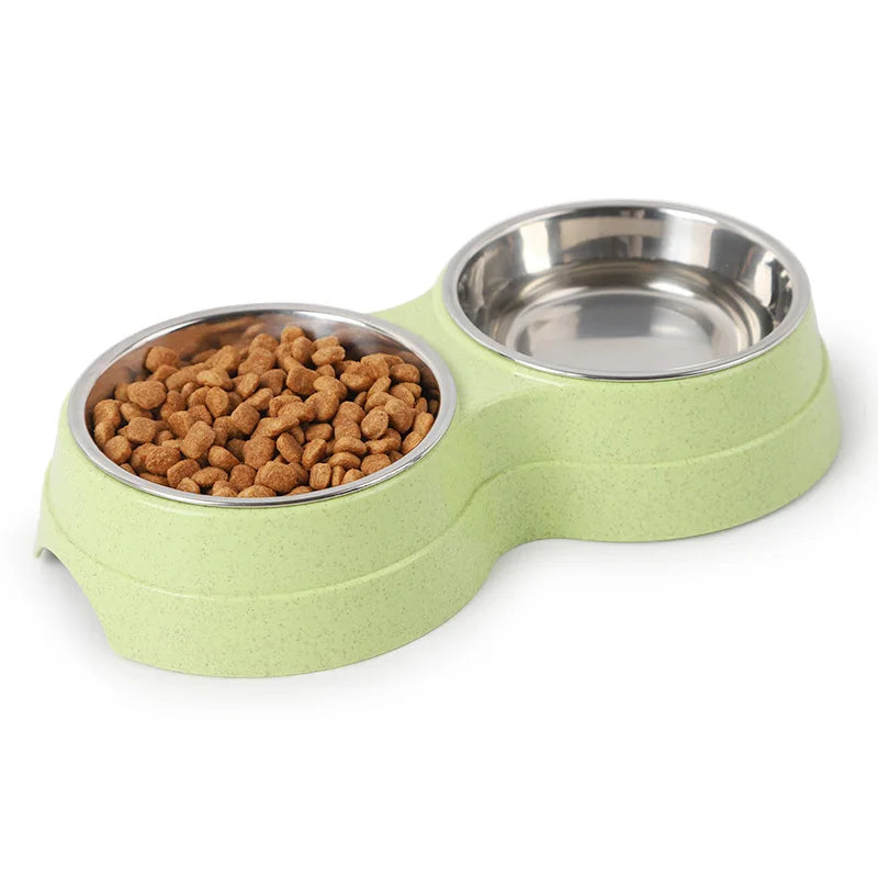 Double Pet Bowls Dog Food Water Feeder Stainless Steel