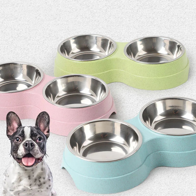 Double Pet Bowls Dog Food Water Feeder Stainless Steel