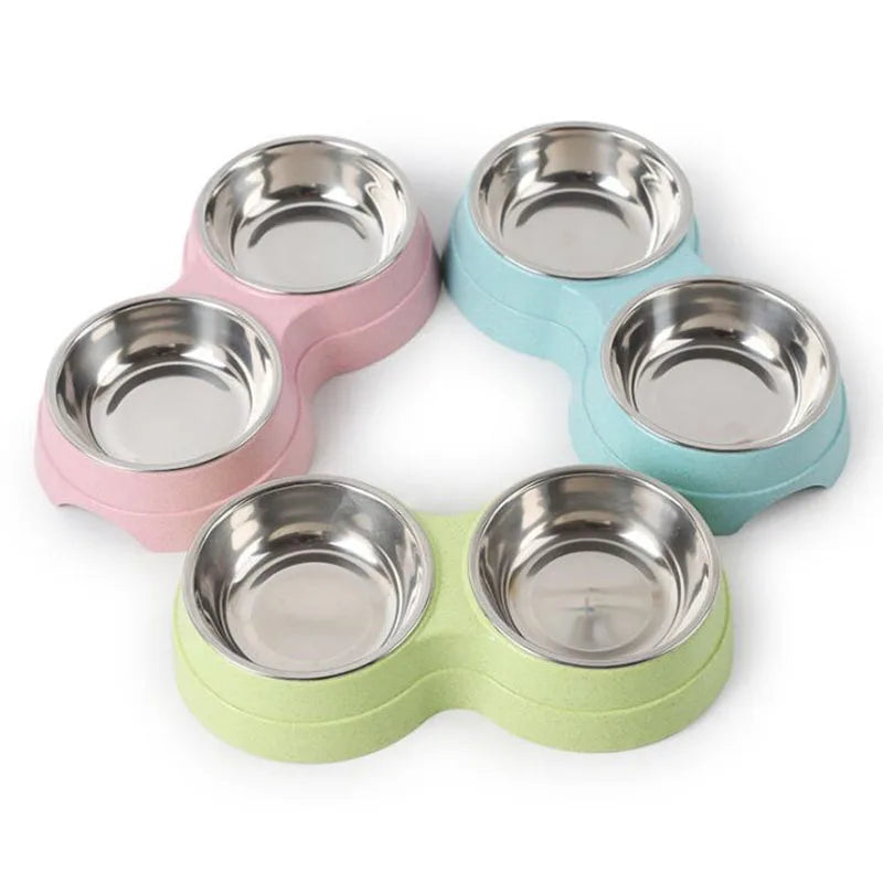 Double Pet Bowls Dog Food Water Feeder Stainless Steel